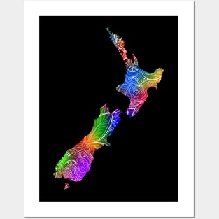 Colorful mandala art map of New Zealand with text in multicolor pattern Posters and Art